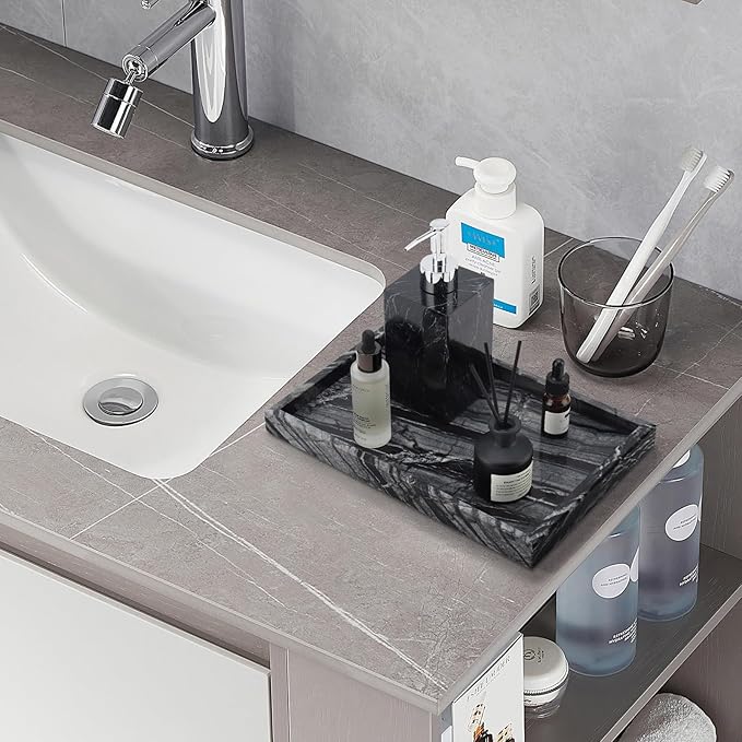 Real Natural Marble Tray for Bathroom, Vanity, Kitchen and Desktop, Rectangle Genuine Marble Stone Tray for Jewelry, Cosmetics, Candles, Lotion, Perfume and Home Decor Wood Grain