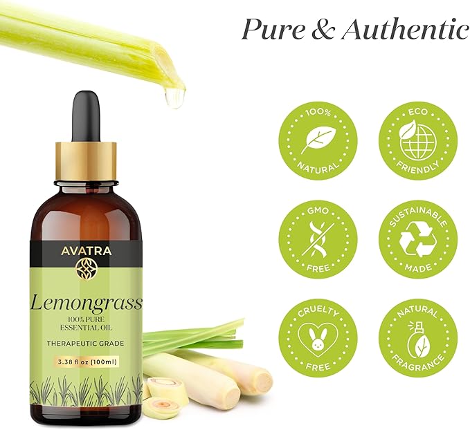 Avatra Lemongrass Essential Oil 100ML (3.38 OZ) with Glass Dropper and Travel Bottle, Pure and Natural Therapeutic Grade Lemongrass Oil for Diffuser, Aromatherapy, Massage, and DIY Candle Products - Bloomnest