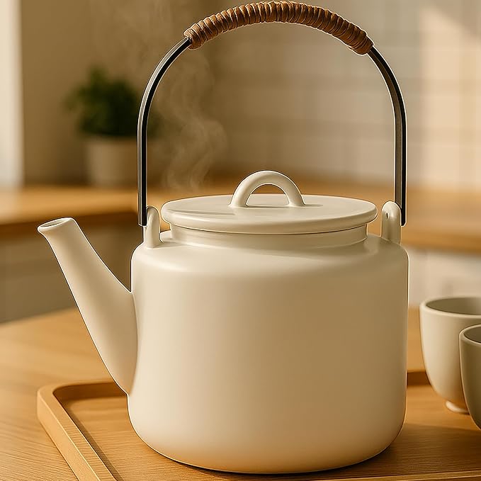 Small Stove Safe Ceramic Teapot with Cold Touch Curved Handle (27oz) - Hand-Glazed Finish - Suitable for Boiling Water and a Variety of Teas and Herbs - Matte Black-White - Bloomnest