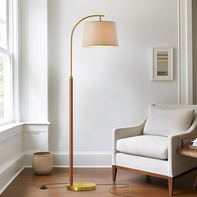 62.5" Wood Floor Lamp for Living Room Gold with Foot Switch Arc Standing Tall Lamps for Bedroom Mid Century Modern Corner Floor Lamps for Office Nursery Industrial Reading Light Room Lamp - Bloomnest