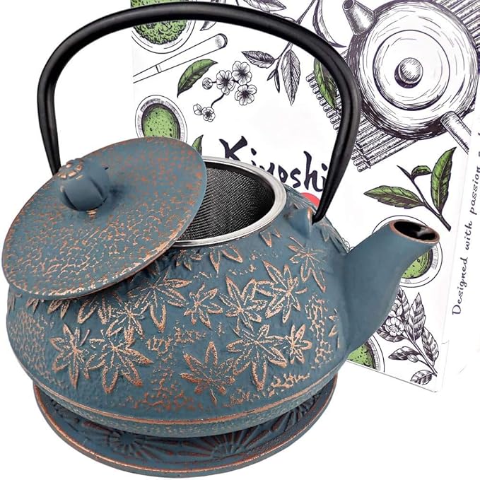 Large Japanese Cast Iron Teapot Capacity 40Oz with Trivet and Loose Leaf Tea Infuser, Cast Iron Tea Kettle Stovetop Safe. Tetsubin Coated with Enamel Interior - Blue Teapot