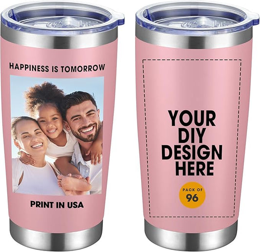 Personalized Custom Tumbler Print in USA 96 Pcs 20oz Stainless Steel Coffee Cup with Lid & Straw Double Wall Insulated Tumbler with Colorful Text Logo Photo - Bloomnest