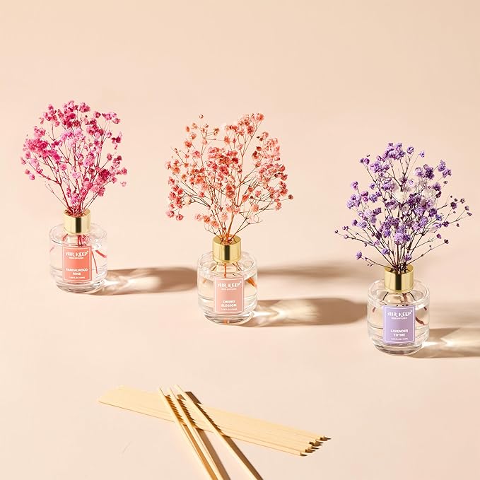 Airkeep Reed Diffuser Set of 3, Lavender Thyme Sandalwood Rose Cherry Blossom Oil Reed Diffusers for Bedroom Living Room Office Aromatherapy Oil Reed Diffuser for Gift 50ml x 3 - Bloomnest