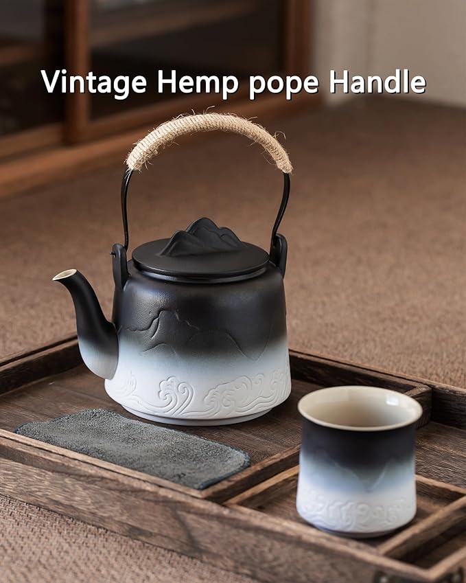 ZENS Vintage Japanese Teapot, 33.8 oz Gradient Embossed Ceramic Loose Leaf Tea Pot with Built-in Filter for Tea Steeper, Hemp Rope Handle Japanese Teapot for Tea Lovers Gifts, Black & White - Bloomnest