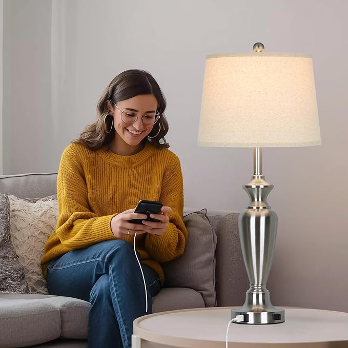 30" Tall Silver Table Lamps Set of 2 for Living Room, 3-Way Dimmable Touch Control Bedside Lamps for Bedroom Nightstand with USB A+C Ports & AC Outlet (2 LED Bulbs Included) - Bloomnest