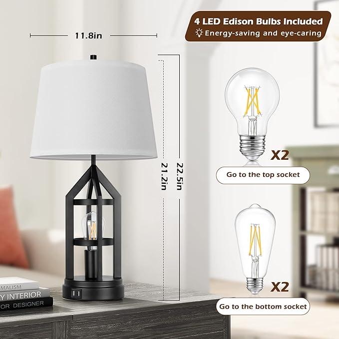 BesLowe 2-Light Farmhouse Touch Table Lamps, 3-Way Dimmable Bedside Lamps with 2 USB Ports for Bedroom, Rustic End Table Lamps for Living Room with White Shades, 4 LED Bulbs Included, Set of 2 - Bloomnest