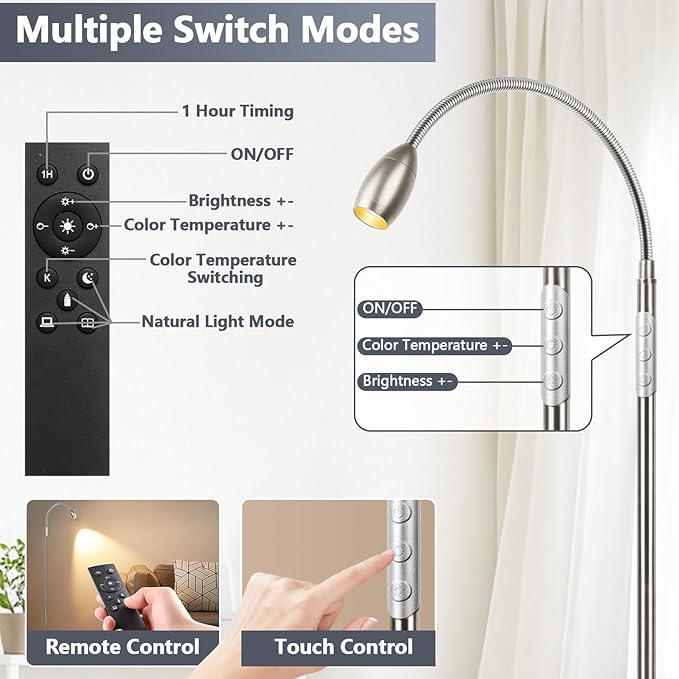 Reading Floor Lamp, 72" Tall LED Lamp with Flexible Gooseneck, Dimmable Zoomable Spotlight, Adjustable Color Beam Standing Lamp, Touch & Remote Control, Task Craft Bedroom Living Room (Brushed Nickel) - Bloomnest