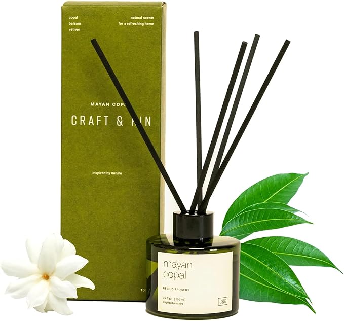 Craft & Kin Mayan Copal Reed Diffuser | All Natural Essential Oil & Rattan Scent Sticks | Winter Reed Diffusers for Home, Bathroom | Long Lasting Home Fragrance in Green Glass, 3.4oz CraftKin