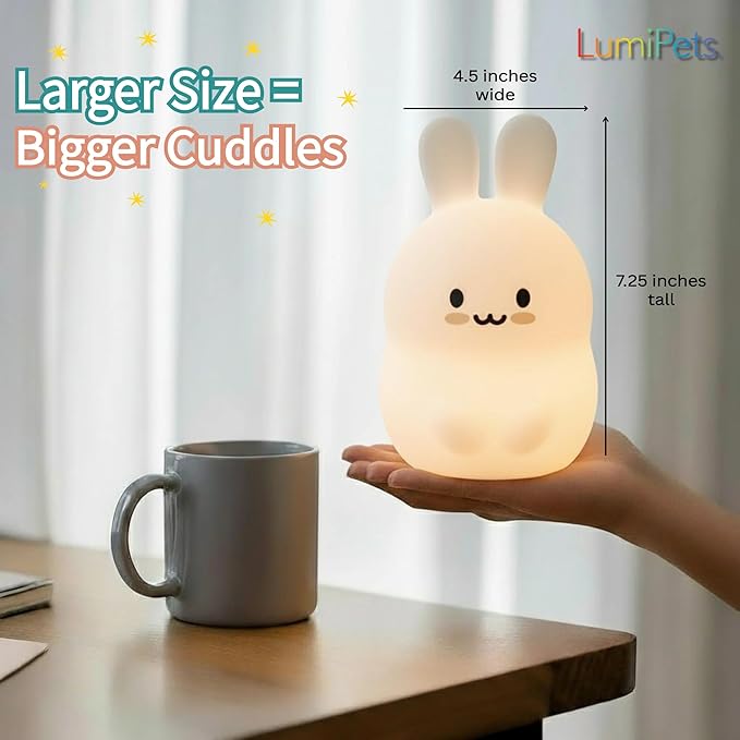 Lumipets Baxter The Bunny Squishy Night Light for Kids | Silicone Lamp with Tap & Remote Control | Rechargeable Color Changing Animal Night Light for Boys & Girls | Portable Nightlight with USB Cord - Bloomnest