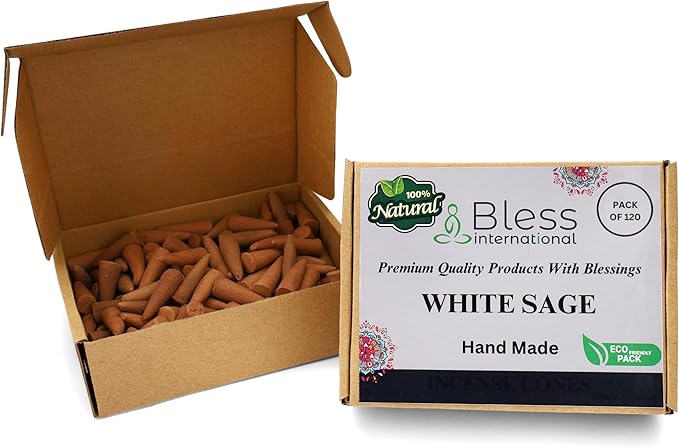 Bless-International White Sage 100%-Natural-Incense-Cones Handmade-Hand-Dipped Organic-Chemicals-Free for-Purification-Relaxation-Positivity-Yoga-Meditation The-Best-scents (120 Count) BlessInternational