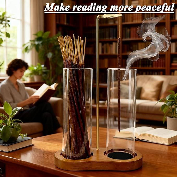 Glass Incense Holder, 2 in 1 Incense Holder for Sticks Incense Burner Holder with Storage & Sticky Pads, Anti-Ash Flying Incense Burne and Organizer Meditation Yoga Spa Room Decor - Bloomnest