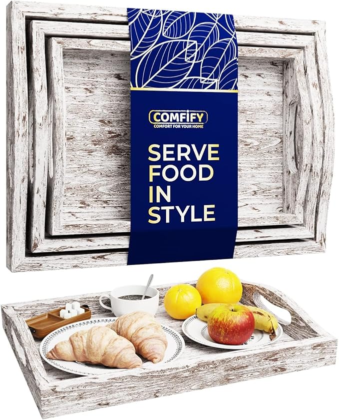 Comfify Serving Trays Set of 3 - Ottoman Wood Trays for Entertainment, Food and Decor - Rustic Farmhouse Distressed Wood Finish - Rustic White - Bloomnest