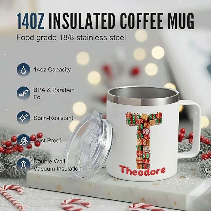 Personalized Christmas Mug with Name, 12oz Insulated Coffee Tumbler with Handle, Custom Present Initial Cup, Festive Holiday Xmas Gift for Women, Her (B06) - Bloomnest
