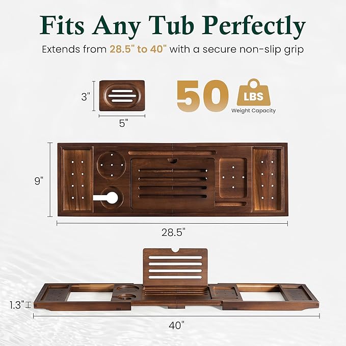 Teak Bathtub Tray, Bath Caddy with Wine Glass Holder, Phone Dock & Book Stand | Hands-Free Reading & Ultimate Spa Relaxation Experience-Brown - Bloomnest