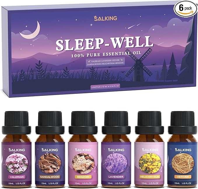 SALKING Sleep Essential Oils Set, Pure and Natural Essential Oils, Fragrance Oil Scented Oils for Oil Diffusers 6 x 10 ML - Lavender, Vetiver, Sandalwood, Valerian, Helichrysum, Benzoin… - Bloomnest