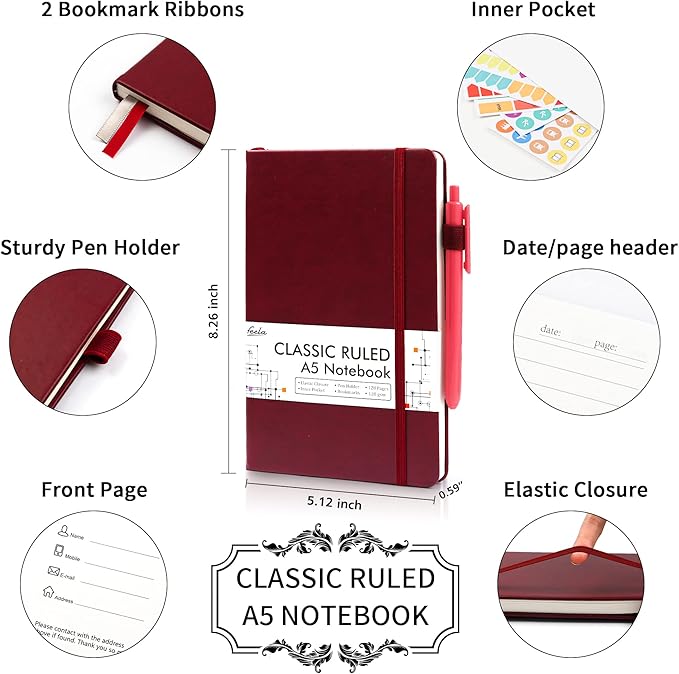 feela 24 Pack Journal Notebook for Work, Business Notebook Bulk Hardcover Lined Writing Journal with Pen Holder for Men Women Note Taking, with 24 Black Pens, 120 GSM, 5.1”x8.3”, A5, Wine - Bloomnest