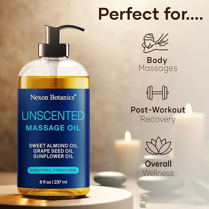 Unscented Massage Oil for Massage Therapy 8 fl oz - Refreshing and Relaxing - Natural Oils with Sweet Almond, Grape Seed and Sunflower Oil - for Men and Women - Nexon Botanics - Bloomnest