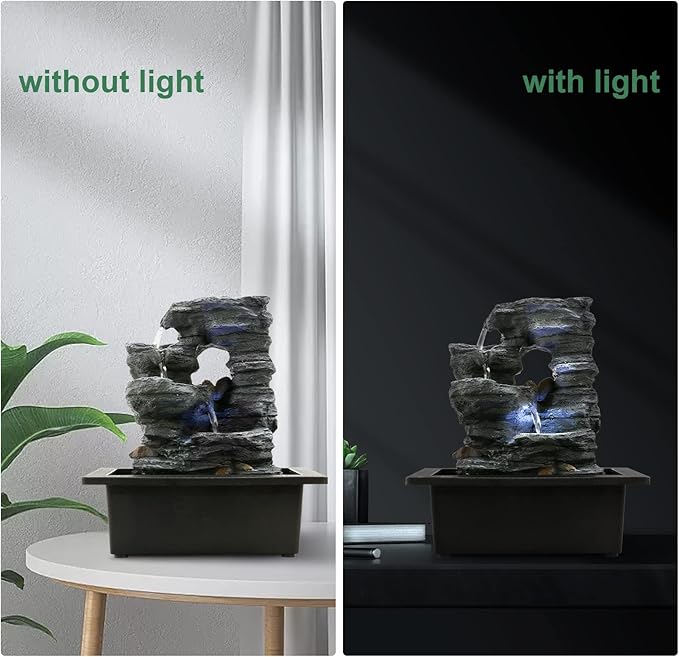 Indoor Fountain - Elegant Resin Design with Natural Rock-Like Texture for Home Office Decor Relaxation, Desktop Fountain with Soothing LED Light, 9.06''x6.89''x10.24'' Indoor Waterfall Feature