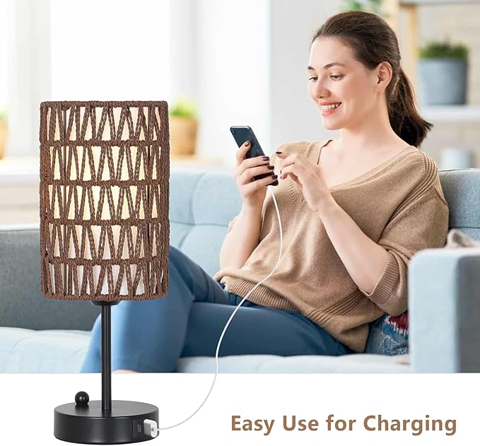 Bedside Lamps Set of 2, Touch Control Night Stand Lamp for Bedroom with Rattan & Linen Shade & Bulbs, 3 Way Dimmable Small Boho Table Lamps with USB Charging Port & Phone Stand (Coffee Color) - Bloomnest