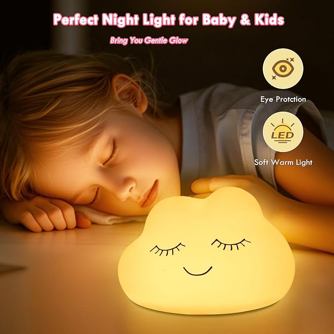 Night Light for Kids, 7 Colors Soft Silicone Kids Night Light with 3 Level Dimmable, Rechargeable Anti-glare Nursery Night Light with Warm White & Multicolor, Squishy Cute Cloud Bedside Touch Lamp - Bloomnest