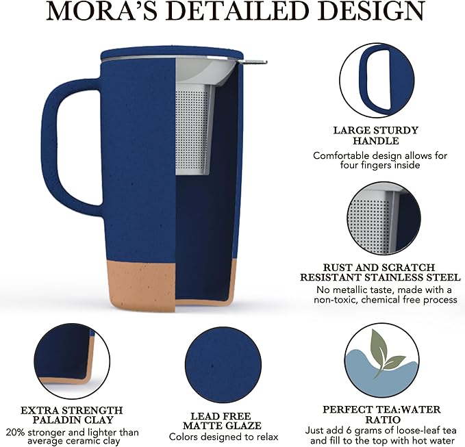 Mora Ceramics Large Tea Mug with Loose Leaf Infuser and Ceramic Lid, 18 oz, Portable, Microwave and Dishwasher Safe, Tall Coffee Cup - Rustic Matte Ceramic Glaze, Modern Herbal Tea Strainer, Deep Blue - Bloomnest