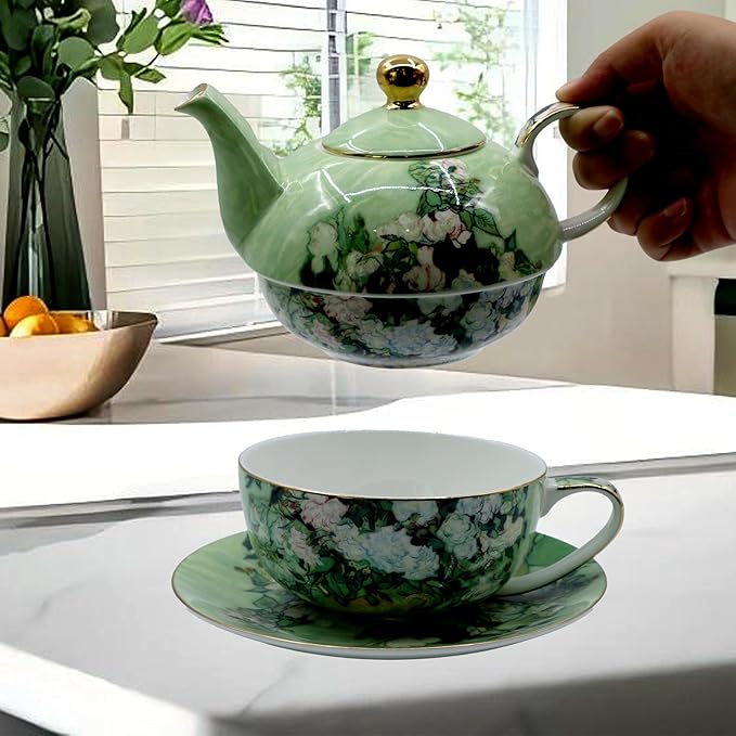 Porcelain 13 OZ Tea for One Teapot and Cup Set Vintage Floral Ceramic Tea Set European Style Tea pot and Saucer Set (White Roses) - Bloomnest