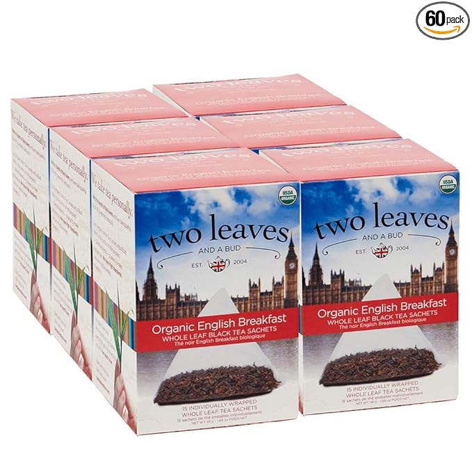 Two Leaves and a Bud Organic English Breakfast Tea Bags, Caffeinated Whole Leaf Black Tea in Compostable Sachets, 15 Count (Pack of 6) - Bloomnest