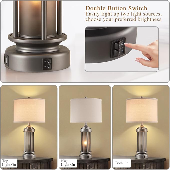Industrial Metal Table Lamps Set of 2 Living Room Bedroom, 2 USB Ports Bedside Lamp with Glass Nightlight, Modern Desk Lamp for Entryway Office End Table, 4 Bulbs Included - Bloomnest