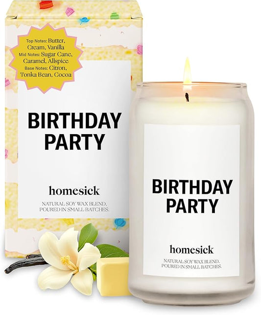 Homesick Scented Candles for Home (Birthday Party) - 13.75 oz Long-Lasting Natural Soy Wax Blend Jar Candle Gifts for Women & Men, 60-80 Hours Burn Time - Notes of Butter, Cream & Vanilla - Bloomnest