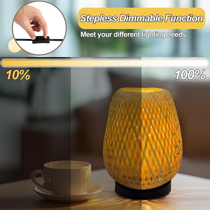 Boho Woven Nightstand Table Lamp - Rattan 3 Color Temperature Handmade Rattan Bamboo Lamp for Bedroom, Living Room - Bloomnest