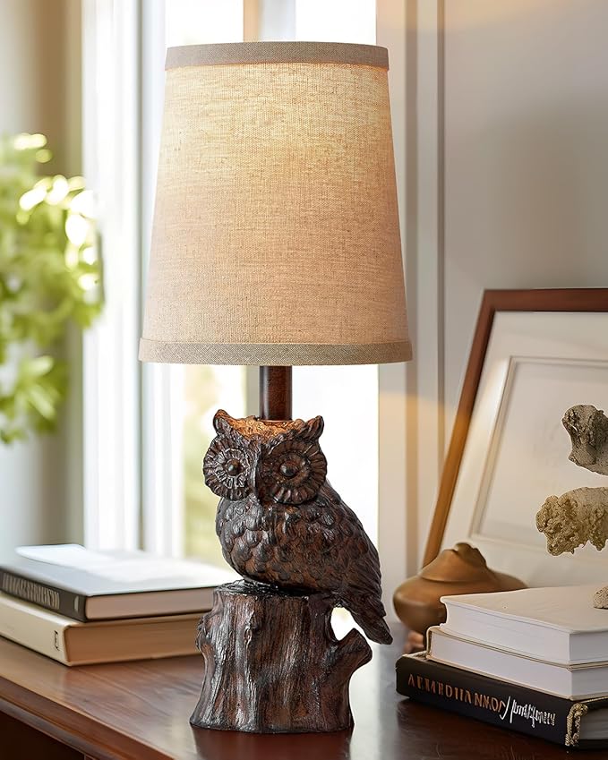14.25" Small Table Lamp for Living Room Farmhouse Bedside Resin Single Lamp with Brown Owl Lamp Shape for Bedroom Retro Rustic Nightstand Lamp - Bloomnest