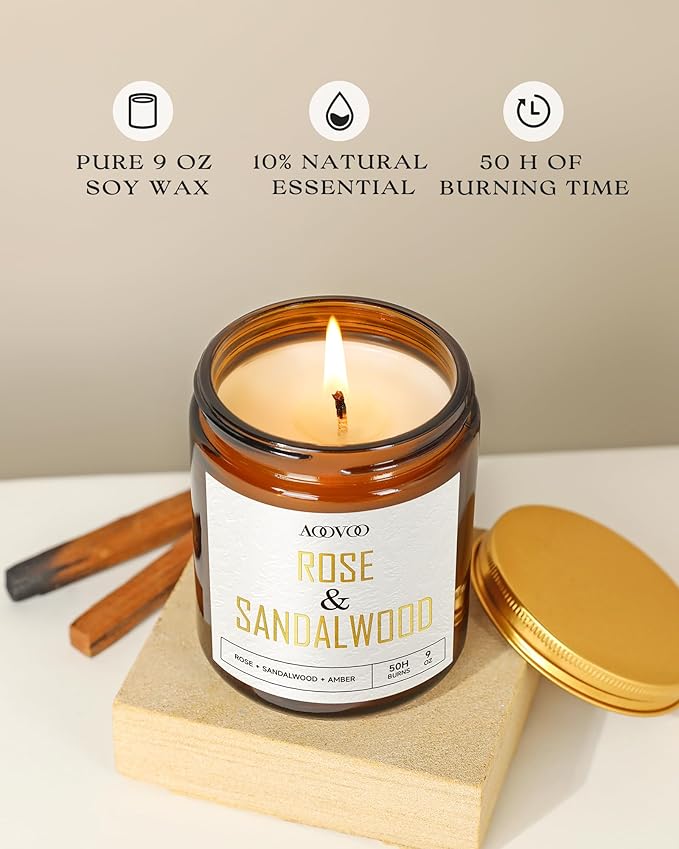 AOOVOO Rose Sandalwood Candles - 9 oz Scented Candles, Aromatherapy Candle, Soy Candle for Home Scented - Bloomnest