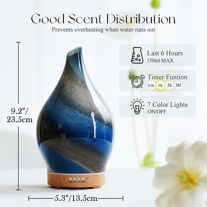 Porseme 150ml Essential Oil Diffuser Glass Color Changing Aroma Air Diffusers Aromatherapy Ultrasonic Cool Mist Humidifier 6 Running Hours Waterless Auto-Off for Sleeping Yoga Office Spa (Galaxy) - Bloomnest