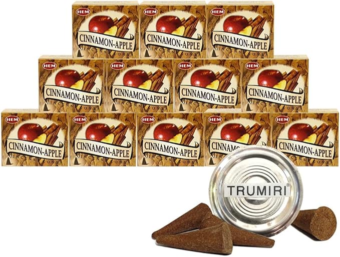 TRUMIRI Incense Cone Holder Bundle with Hem Cinnamon Apple Incense Cones - Pack of 12 (Approx 120 Cones)