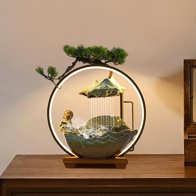 Water Fountains Indoor Tabletop Waterfall Humidifier W/LED Light & Atomizer Mist &Cute Monk Statue, Zen Decor Meditation Japanese Decor Fake Plants Feng Shui Decor Festival Birthday Gift - Bloomnest
