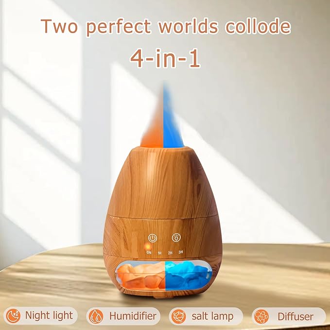 Ultrasonic Essential Oil Diffuser with Himalayan Salt Rock,Flame Diffuser with 2 Color Light,Small Aromatherapy Oil Diffuser with Auto Off Function for Home, Office,Spa,100ML,Wooden Grain - Bloomnest