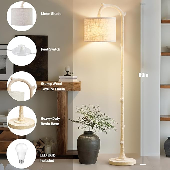 Floor Lamp for Living Room - 69" Rustic Farmhouse Tall Lamp with 3 Color Temperatures- Country Resin Vintage Reading Light Standing Lamps for Bedroom Office Classroom Home Decor, Almond White - Bloomnest