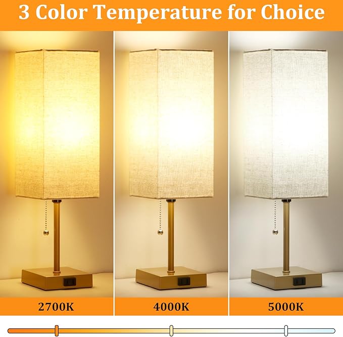 Table Lamp for Bedroom set of 2,3-Color Bedside Lamps with Pull Chain Table Lamps for Nightstand with AC Outlets,18'' Night Light Lamps with 2 Bulbs Lamps for Living Room Kids Office Decor（Glod） - Bloomnest