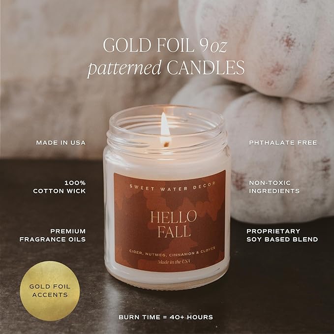 Sweet Water Decor Hello Fall Candle - Cinnamon Apples Cloves & Nutmeg Fall Scented Candle for Home Decor - 100% Cotton Wick Halloween Candle with 40 Hour Burn Time - Made in The USA - 9oz Clear Jar - Bloomnest