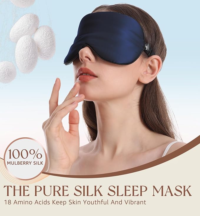 HiRui Silk Sleep Mask, 100% Natural Mulberry Silk of Double-Sided & Inner-Filling, Ultra-Smooth Soft, Adjustable Strap, Blocks Light for Night Sleeping, Travel, Office Naps (Navy Blue) - Bloomnest