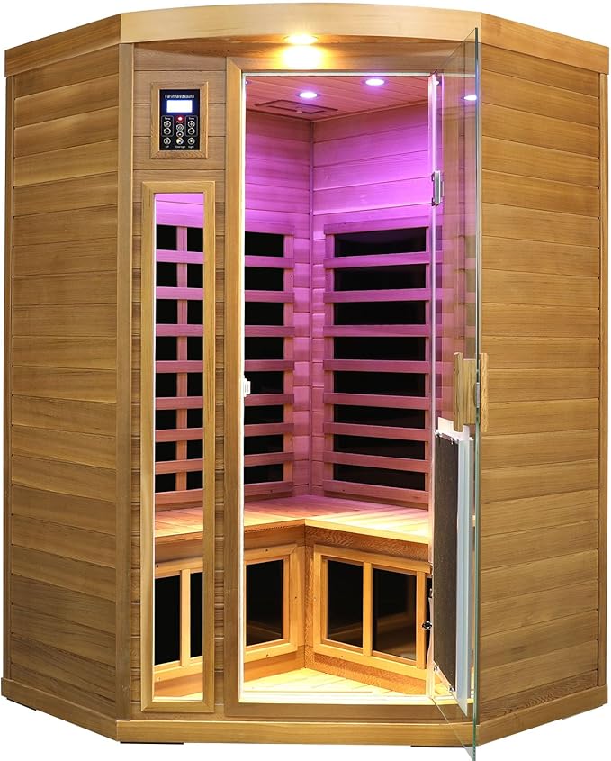 2-3 Person Corner Far Infrared Sauna for Home, 1760W Ultra-Low EMF（0-1mG） Indoor Red Cedar Wood Sauna Room with 8 Heating Panels, Dual Control Panel, Bluetooth Speaker & Chromotherapy Lights KUNSANA