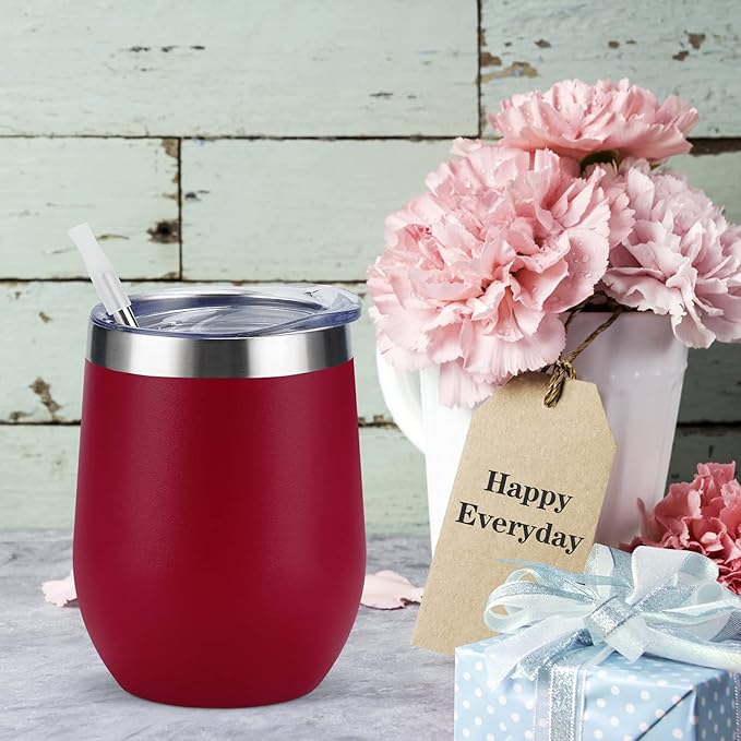 12 Pack Stainless Steel Wine Tumblers, 12Oz Double Wall Vacuum Insulated Wine Tumblers with Lids and Straws, Stainless Steel Stemless Wine Glasses for Coffee, Wine, Cocktails, Champaign, Wine Red… - Bloomnest
