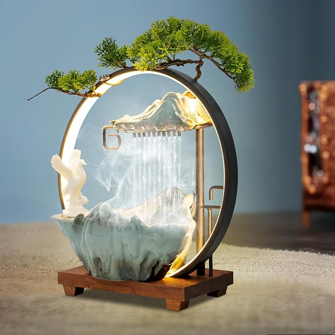 15In White Crane Water Fountain Waterfall Indoor Tabletop Decration Humidifier with LED Light, Atomizer Circulating Water, Japanese Zen Decor Meditation Feng Shui Decor Festival Birthday Gift - Bloomnest