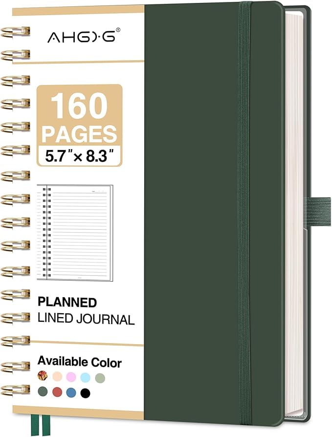 AHGXG Spiral Journal Notebook, 160 Lined Pages, A5 Medium Size (5.7'' x 8.3''), for Men & Women, Journaling, Writing, Work & Office, Hardcover, 100 GSM Thick Paper (Dark Green) - Bloomnest