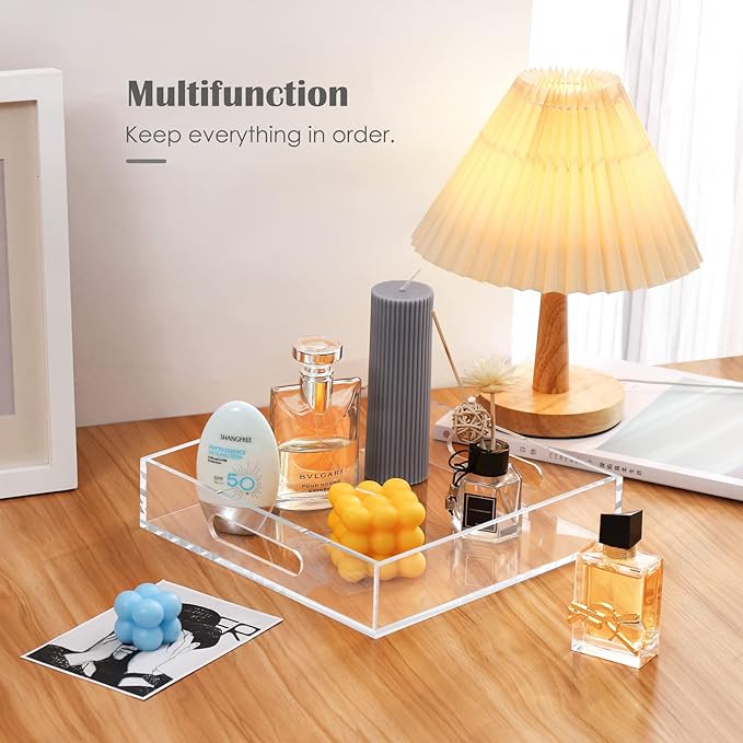 Home Decorative Coffee Table Tray, 10"x10" Elegant Acrylic Serving Trays with Handles Works for Eating, Breakfast, Makeup Drawer Organizer,Bathroom Vanity Table,Ottoman Tray, Clear - Bloomnest