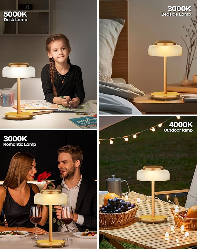 QiMH Battery Operated LED Table Lamp, 5000mAh Rechargeable Cordless Lamp Set of 2, Stepless Dimmable Touch Control, Small Waterproof Desk Night Light for Living Room, Bedroom, Outdoor Bar (Gold) - Bloomnest