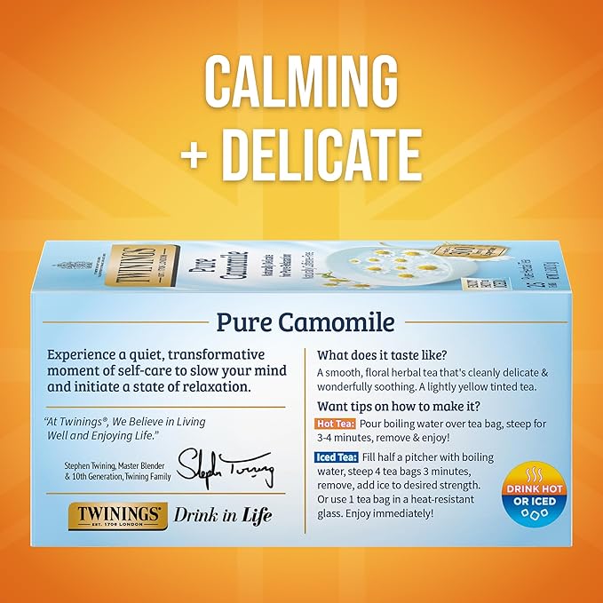 Twinings Pure Camomile Herbal Tea Individually Wrapped Bags, 25 Count (Pack of 6), Calming & Delicate, Naturally Caffeine-Free, Enjoy Hot or Iced, 150 Teabags - Bloomnest