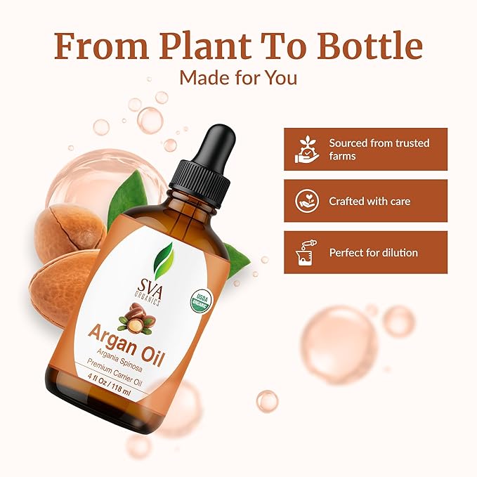 SVA Argan Oil Organic - 4 Fl Oz – 100% Natural Cold Pressed Organic Argan Oil - for Face, Skin Care, Hair Care, Scalp Massage & Body Massage – Carrier Oil with Dropper - Bloomnest