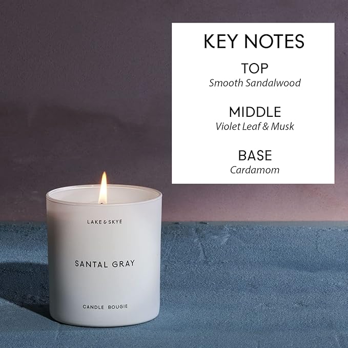 Lake & Skye Santal Gray Candle (8 oz), 50 Hours of Burn Time, 100% Soy Wax, Vegan - White Embers and Musk Scent - Bloomnest