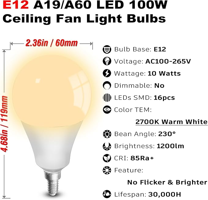 E12 A19 A60 LED Ceiling Fan Light Bulbs 100w Equivalent 2700K Warm White,E12 Small Candelabra Screw Base Globe Shape LED Bulbs 10W 1200lm for Chandelier Pendant Wall Sconces Vanity,Non Dimmable,3Pcs - Bloomnest